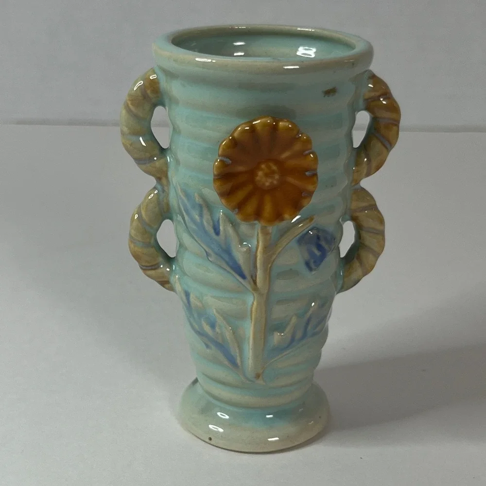 Vintage Japan Ceramic Sunflower Bud Vase Blue Ribbed Double Rope Handle Pottery